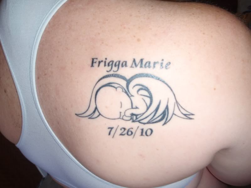 Memorable Frigga Marie Sleeping Baby Angel Tattoo On Back Shoulder
