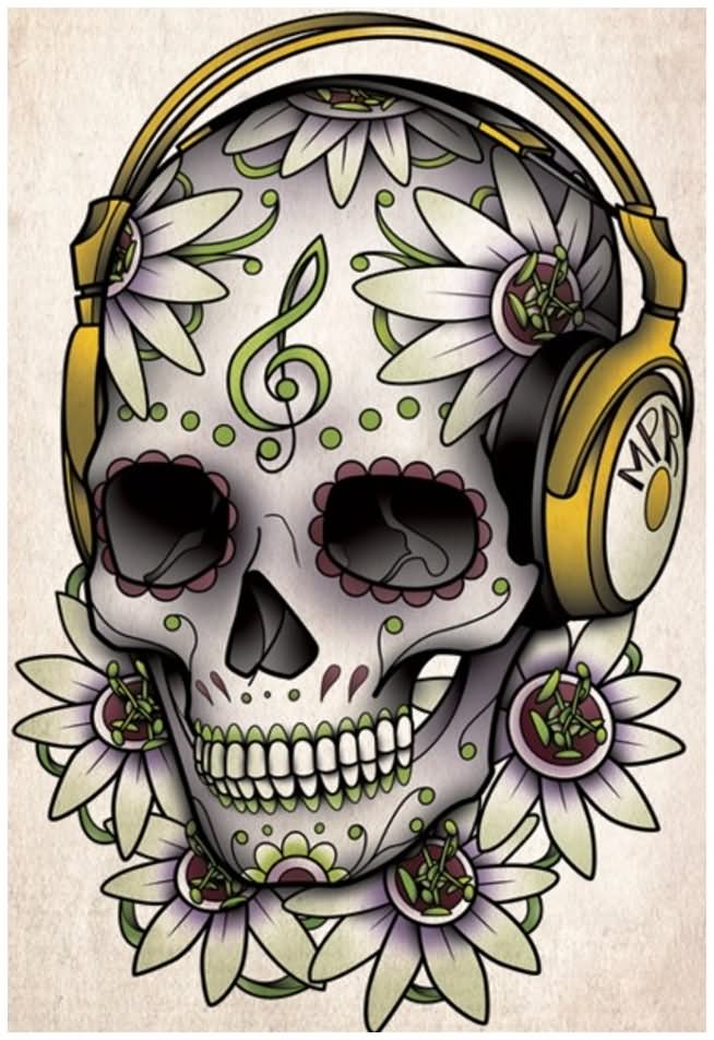 Music Lover Sugar Skull Tattoo Design