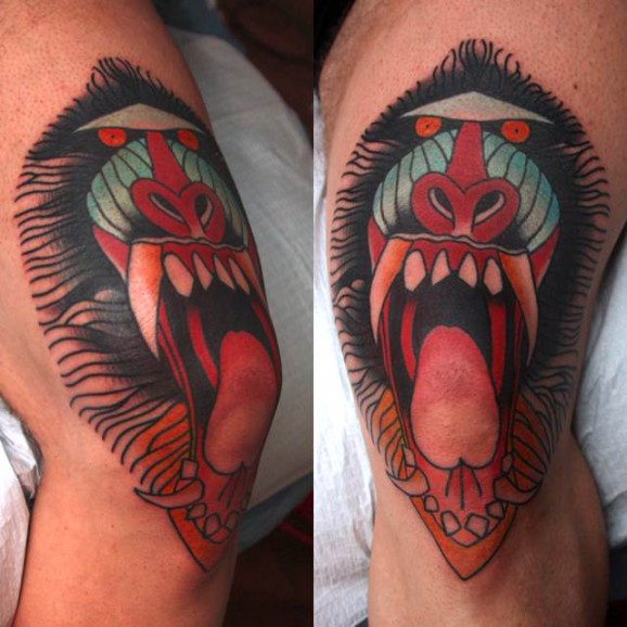 Neo-traditional Mandrill tattoo on knee