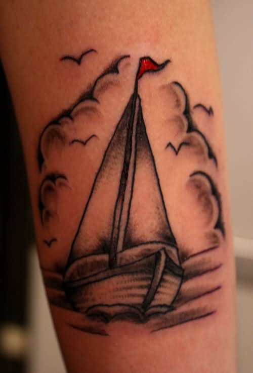 Nice Sailboat Tattoo On Sleeve