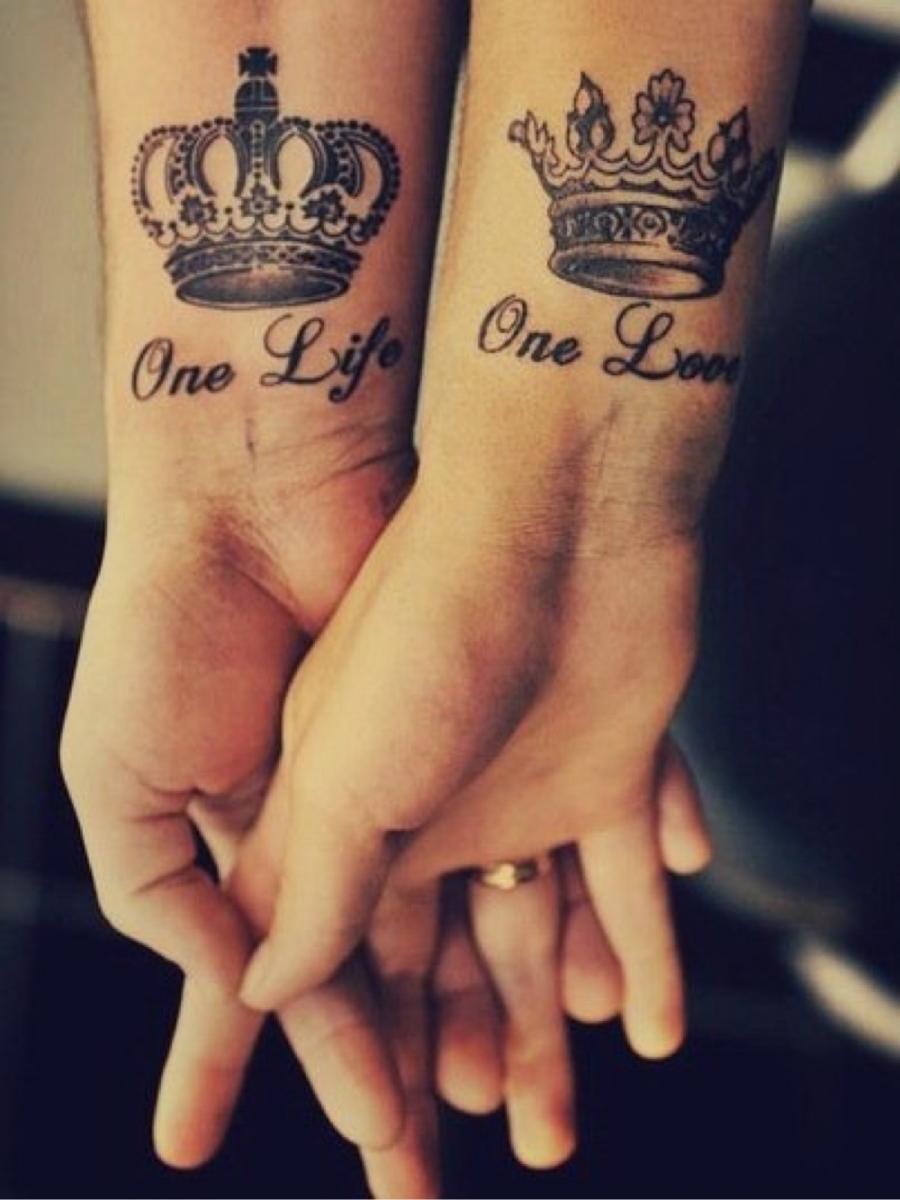 One Life One Love - King & Queen crown tattoos for bride & groom