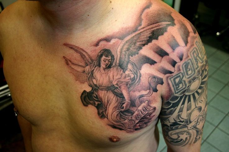 Open Winged Flying Angel Tattoo on Chest by Corey Miller