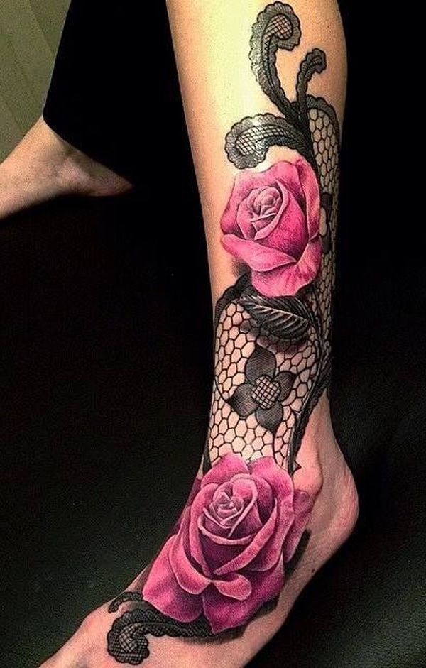 Pink Roses Lace Tattoo On Leg For Girls