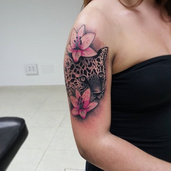 Pink flowers & Leopard Tattoo on half sleeve