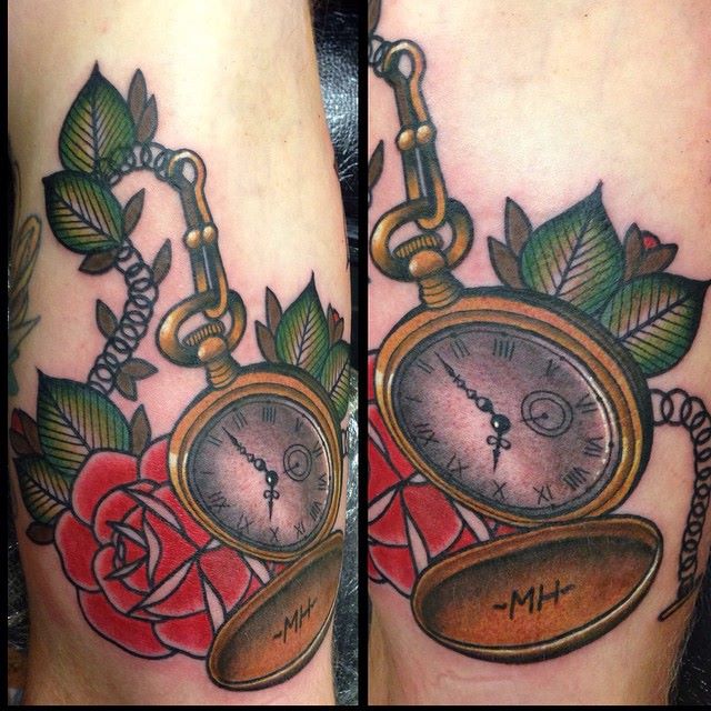 Pocket Watch and rose tattoo by Lauren Gow