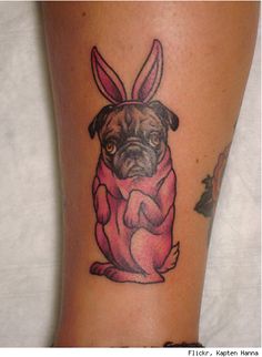 Pug In Bunny Dress Tattoo On Leg