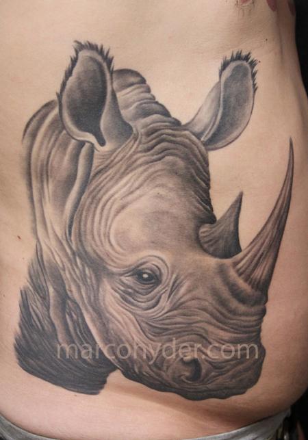 Realistic Rhino Tattoo On Rib Cage by Marco Hyder