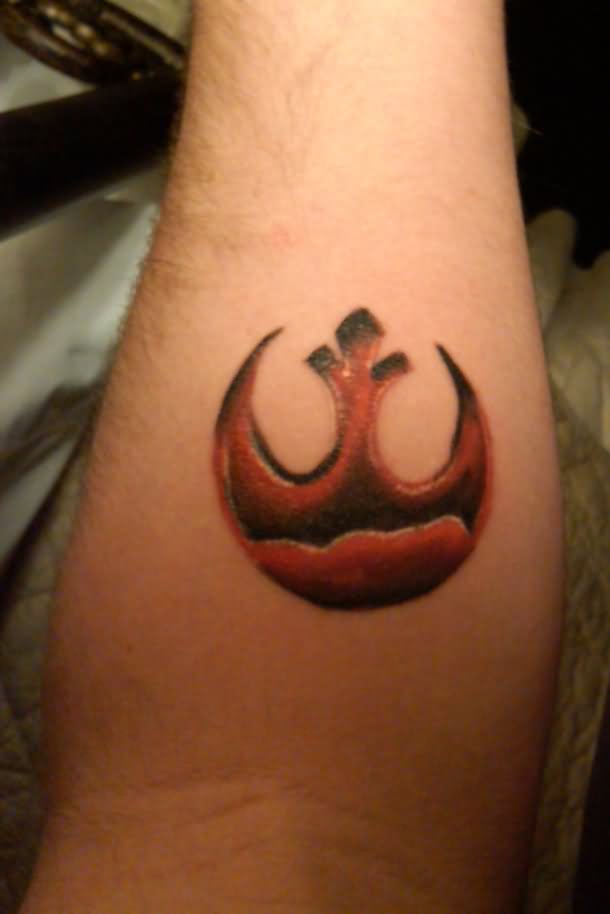 Rebel Alliance Tattoo On Left Forearm