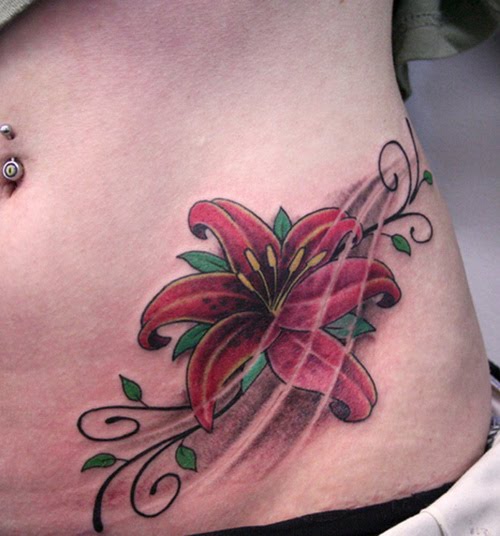 Red Lily Tattoo On Hip For Girls