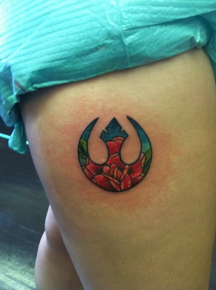 Red Rose In Rebel Alliance Tattoo On Right Thigh
