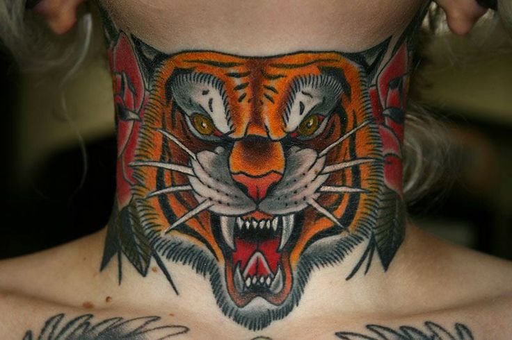 Roaring tiger neck tattoo by Stefan Johnsson