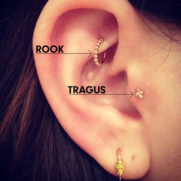 Rook, Tragus And Lobe Ear Piercings For Girls