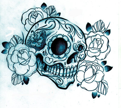 Rose Flowers And Sugar Skull Tattoo Design by Willemxsm