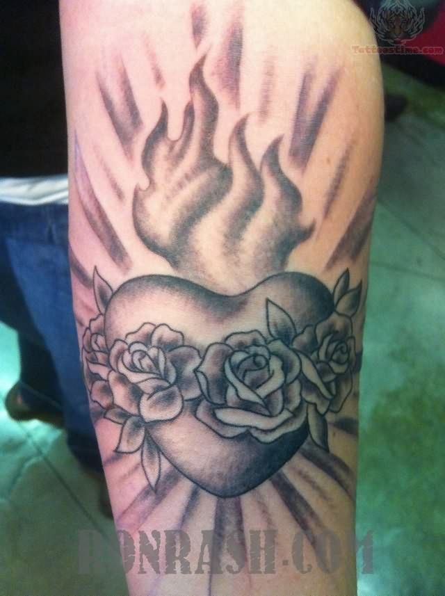 Roses And Sacred Heart Tattoo On Left Arm
