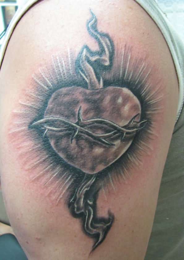Sacred Heart Tattoo On Shoulder For Men