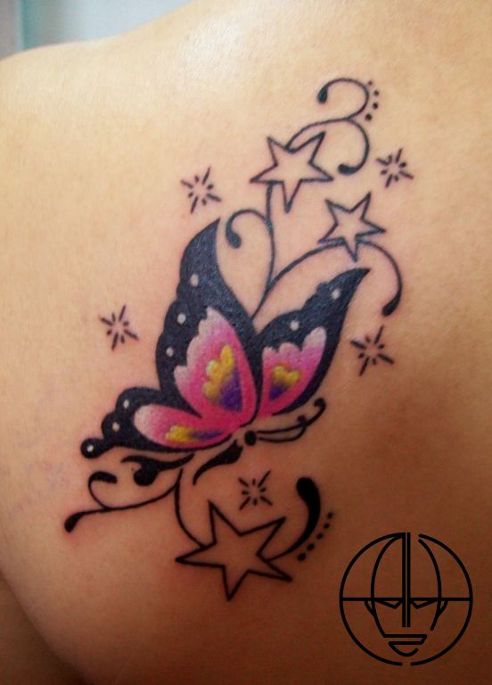 Stars And Mariposa Tattoo On Left Back Shoulder