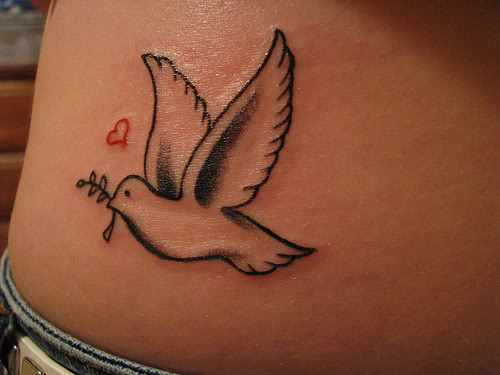 Tiny Red Heart And Dove Tattoo On Waist