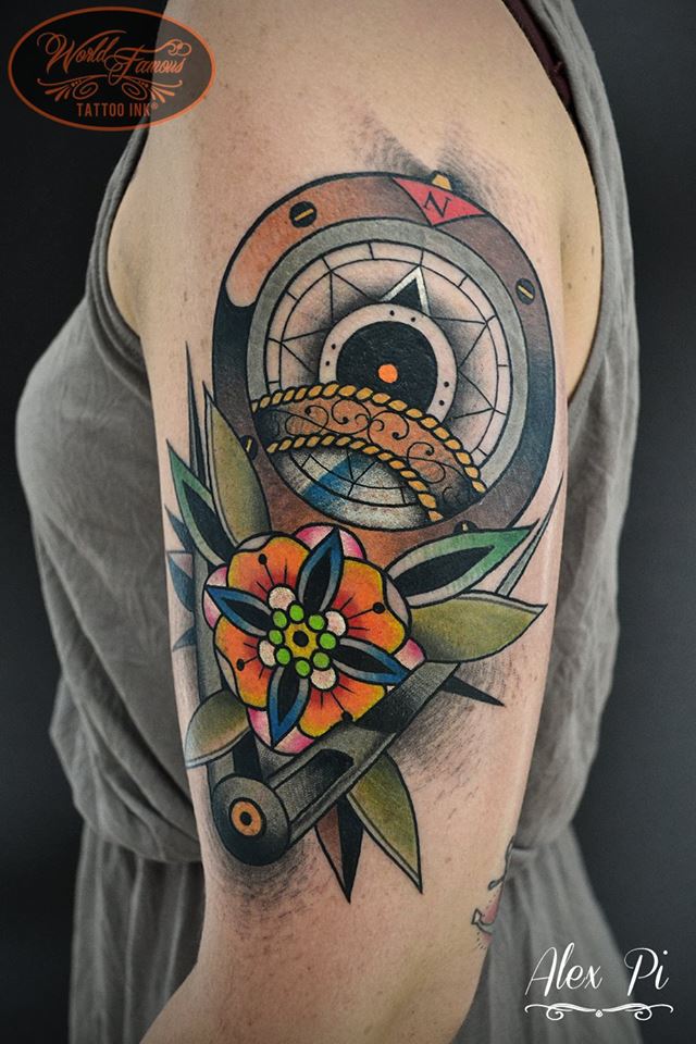 Traditional Compass Tattoo On Girl Right Half Sleeve