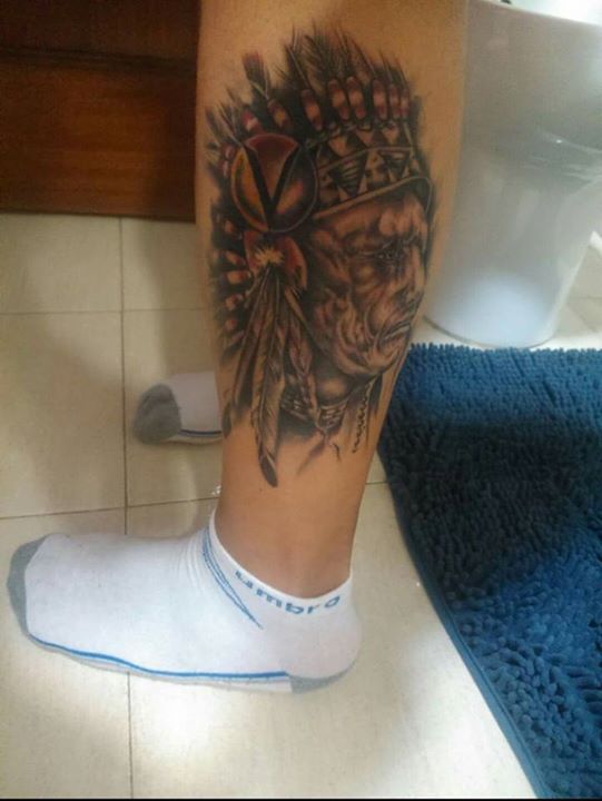 Traditional Native Tattoo On Left Leg