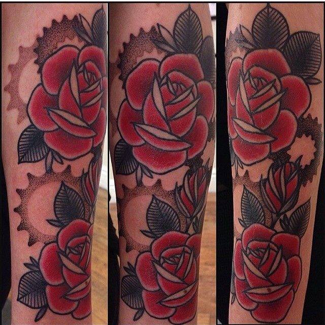 Traditional Roses & Dotwork Cogs Tattoo by Lauren Gow