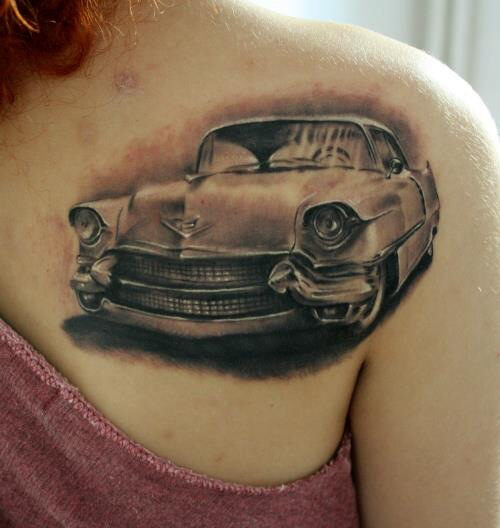 Vintage Car Tattoo On Left Back Shoulder