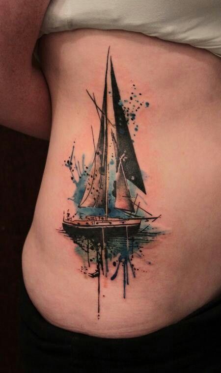 Watercolor Sail Boat Tattoo On Rib Cage