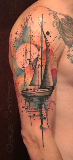 Watercolor Sailboat Tattoo On Half Sleeve
