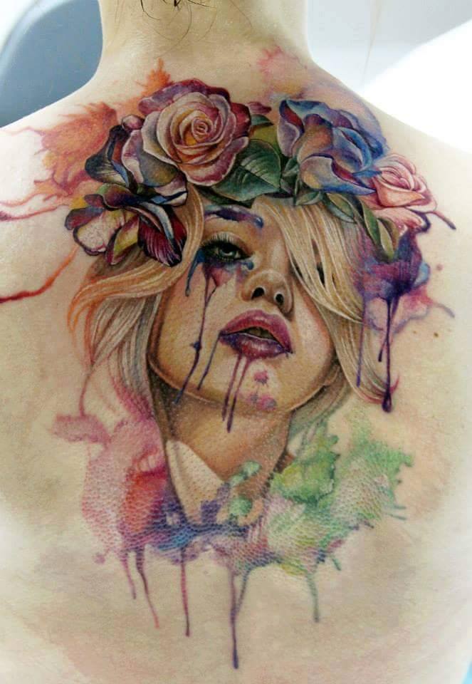 Watercolor Tattoo On Upper Back by Anna Belozerova
