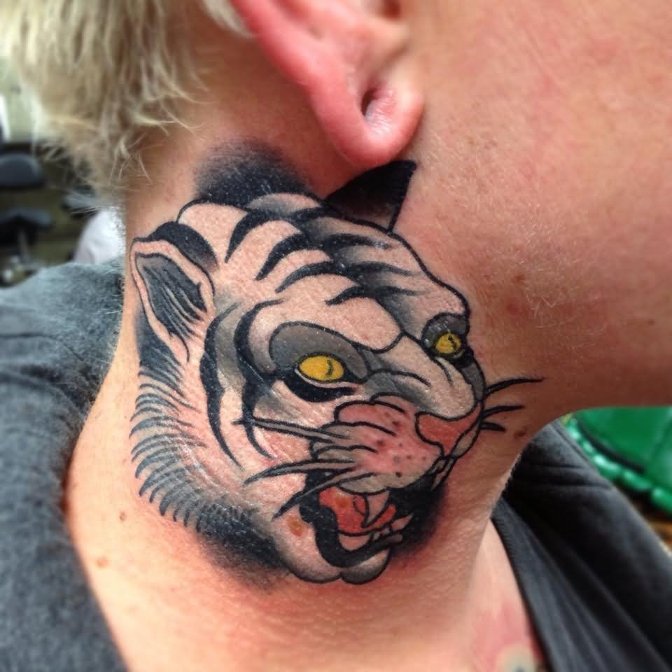 White tiger neck tattoo by Adrian Edek