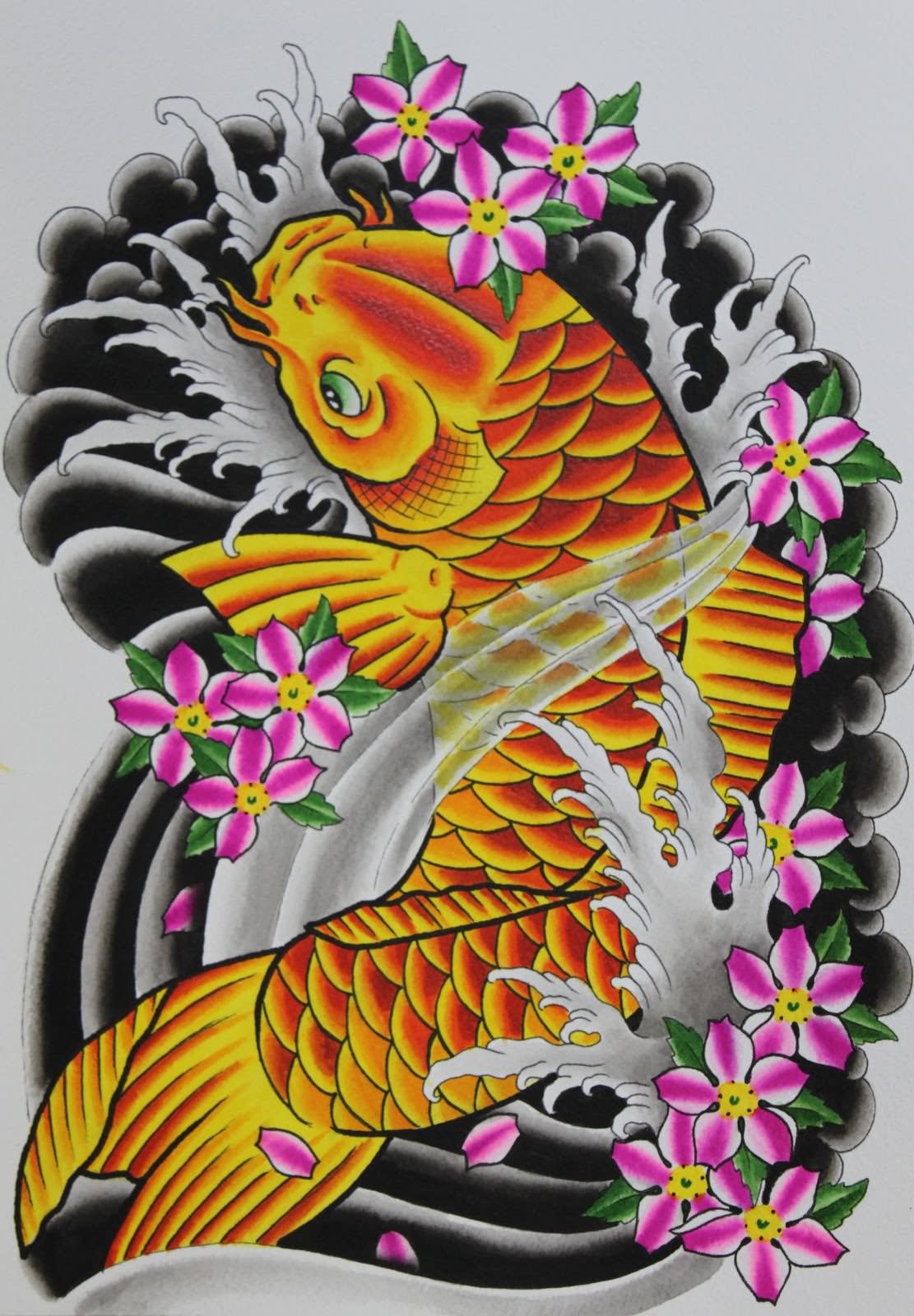 Yellow koi fish with pink flowers tattoo design
