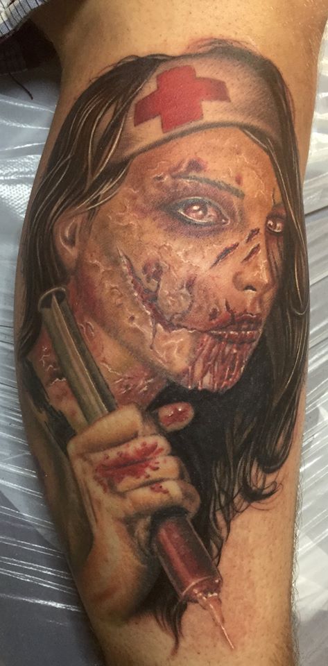 Zombie Nurse Tattoo On Leg By Herm