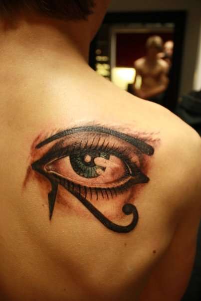 3D Eye Of Horus Tattoo On Right Back Shoulder