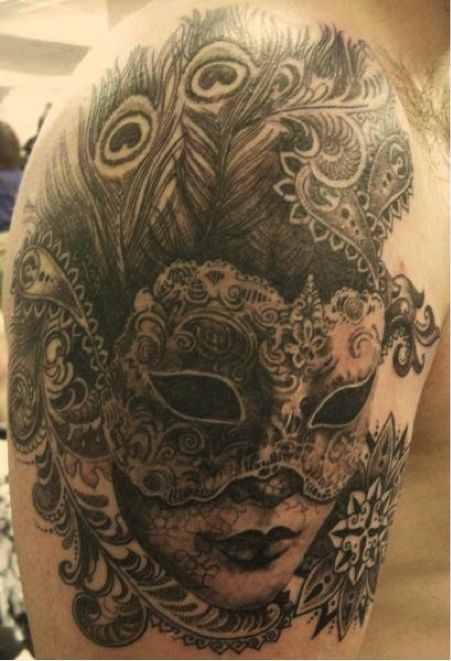 Amazing Black & Grey Masked Girl Tattoo on Shoulder