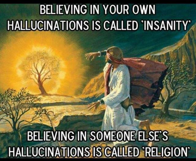Believe in your own hallucinations is called ‘Insanity’. Believing in someone else’s hallucinations is called ‘Religion.’