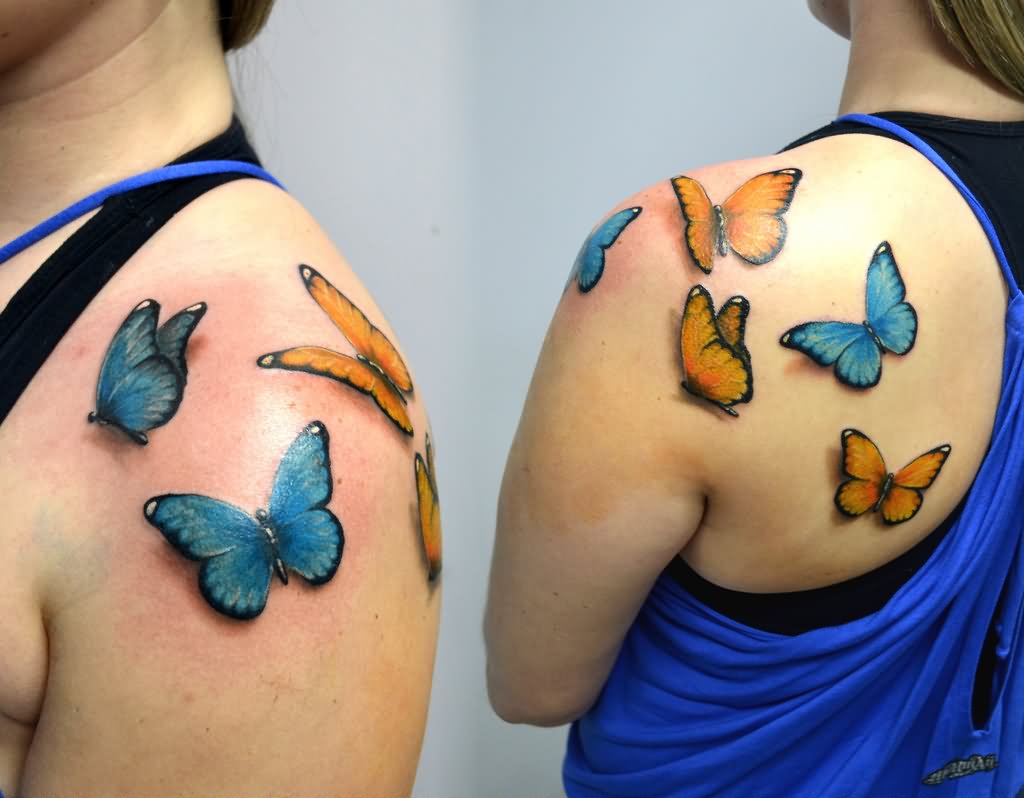 Blue and orange butterflies tattoo on shoulder