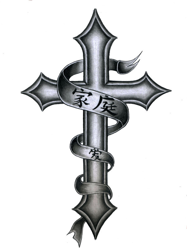 Chinese Banner With Cross Tattoo Design
