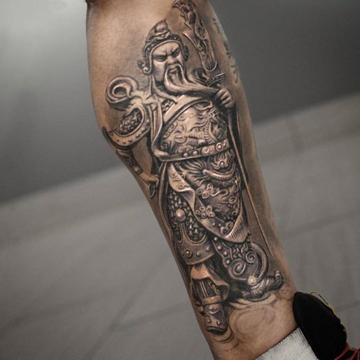 Chinese Warrior Tattoo On Calf By Darwin Enriquez