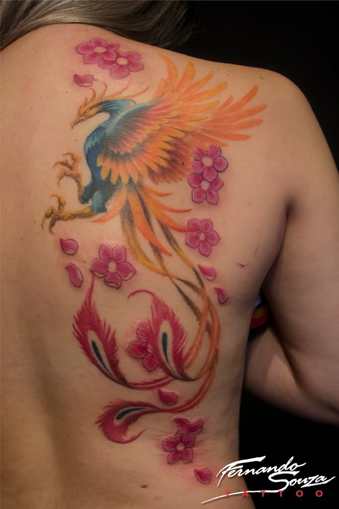 Colorful Phoenix Tattoo on Girl’s Back