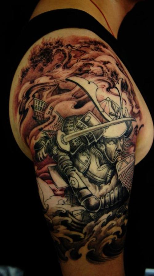 Fighting Samurai Tattoo on Half Sleeve