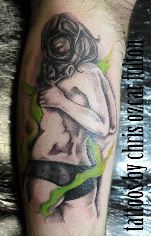 Gas Mask Pin Up Girl Tattoo by Chris Oz Fulton