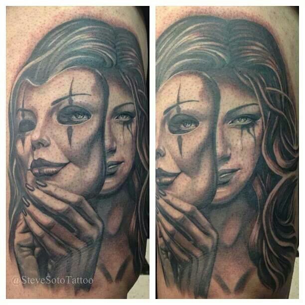 Girl removing mask tattoo by Steve Soto