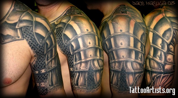 Grey Ink Armor Tattoo Design For Guys