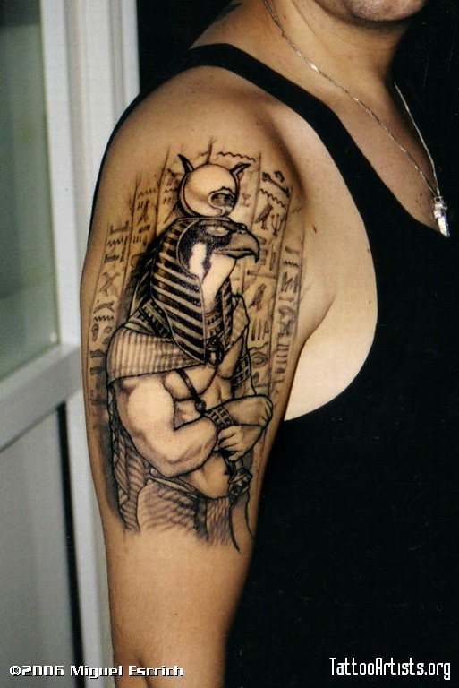 Grey Ink Horus Tattoo On Right Half Sleeve
