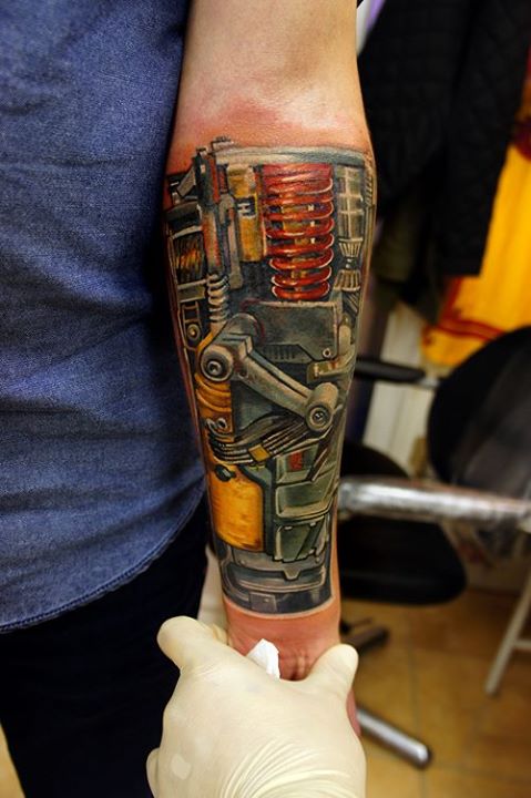 Incredible biomechanical tattoo on forearm by Andrey Barkov Grimmy3D