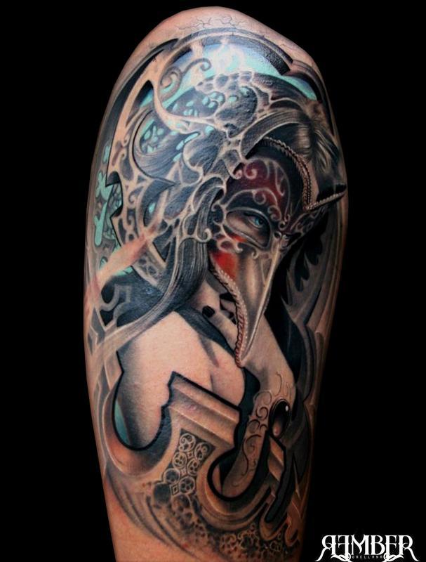 Incredible full face masquerade masked girl tattoo on half sleeve