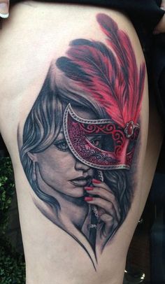Masked Girl tattoo on thigh