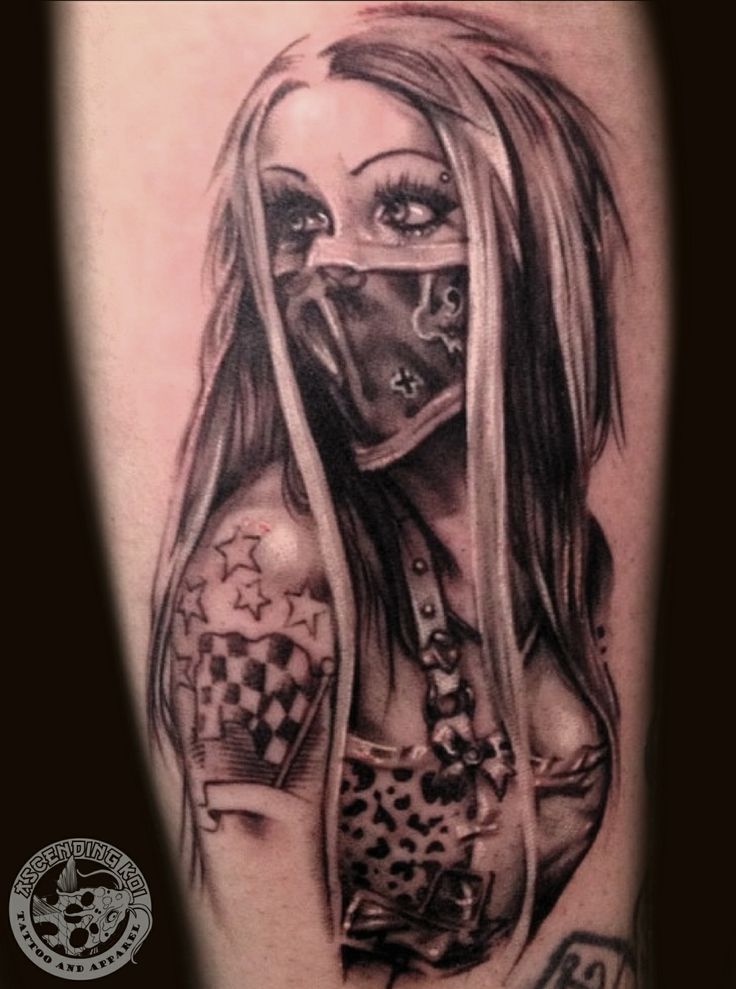 Masked girl portrait tattoo done by Trevor Jameu
