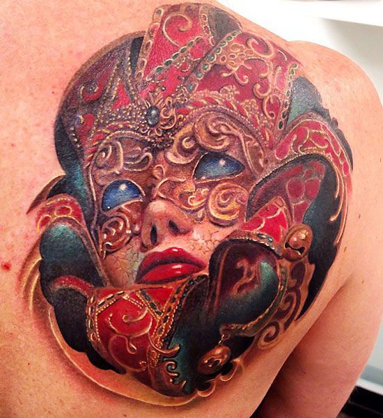 Realistic Mask Tattoo on Back Shoulder by Rember Orellana