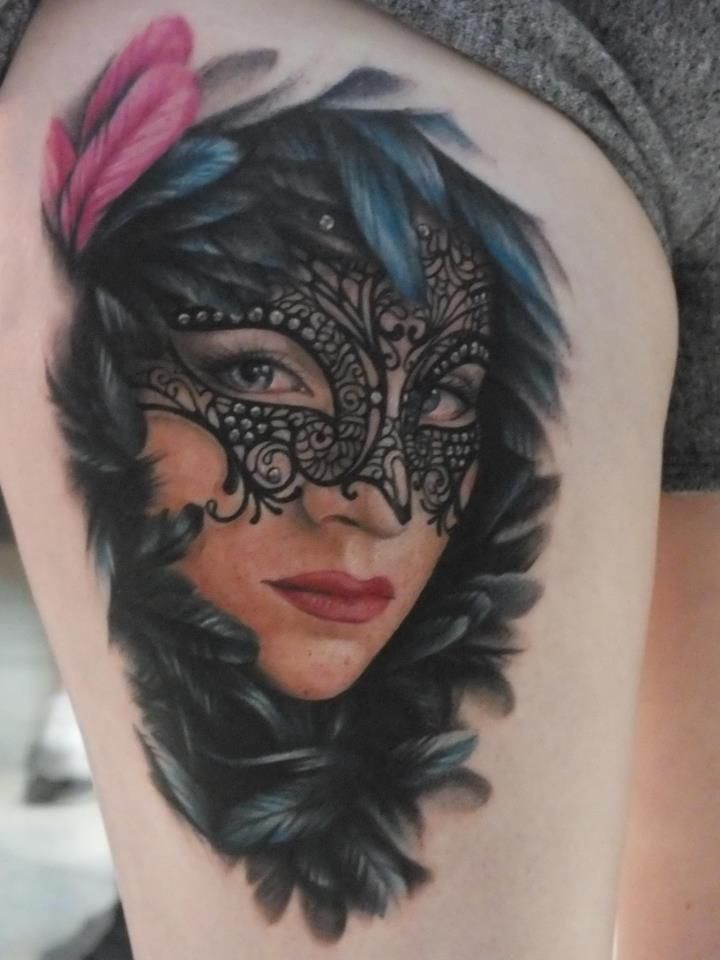 Realistic Masked Girl Tattoo on thigh by Melissa Valiquette