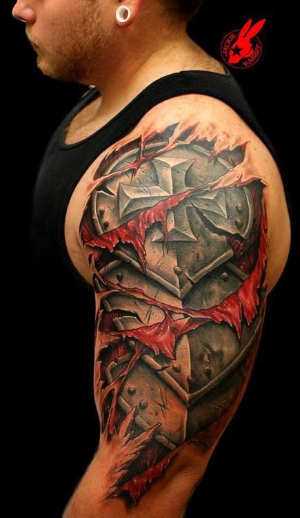 Ripped Skin Armor Tattoo On Man Left Sleeve